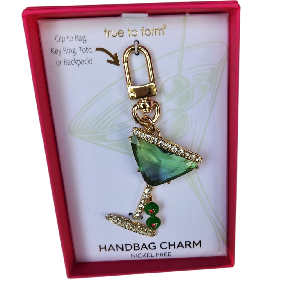 True To Form Rhinestone Glass Martini Keychain Bag Charm w/ Olives - Picture 6 of 6